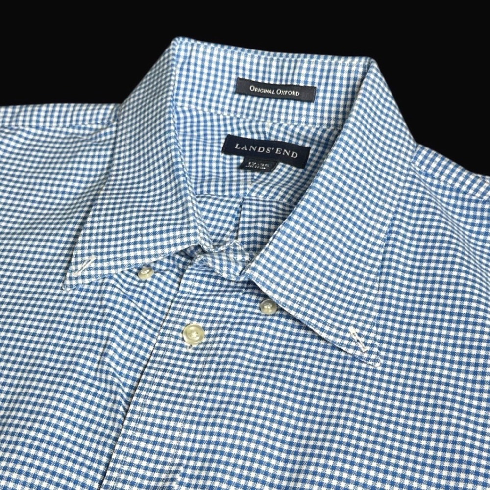 Lands End Mens Original Oxford Shirt 17-35 Blue White Gingham Button Down Cotton